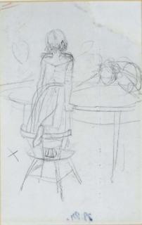 Adolph Menzel - A young girl standing on a chair at a table, seen from behind