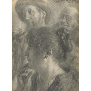Adolph Menzel - German drei Studienköpfe (Three Head Studies)