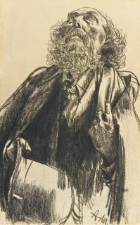 Adolph Menzel - German portrait Of A Bearded Man Looking Up