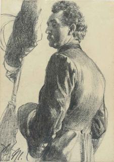 Adolph Menzel - Homme vu de dos en redingote avec son chapeau à la main, étude subsidiaire du bras gauche