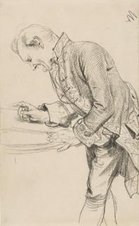 Adolph Menzel - Mann in Hoftracht, über einen Tisch gebeugt.