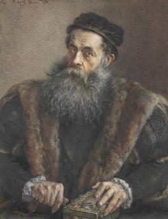 Adolph Menzel - Soll Ich Offnen?: An elderly man in 16th-Century costume holding a jewel casket