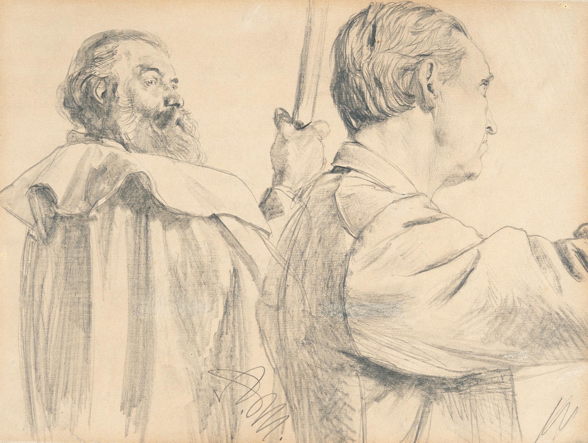 Adolph Menzel - Studie zweier Männer, Stäbe haltend