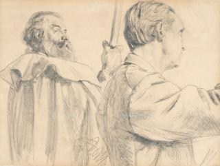 Adolph Menzel - Studie zweier Männer, Stäbe haltend