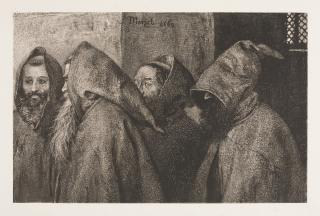 Adolph Menzel - Vier Mönche, bärtig, mit Kapuzen auf den Köpfen, gehen im dunklen