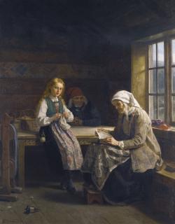 Adolph Tidemand - Norwegian a Hardanger Interior, Young Girl Knitting