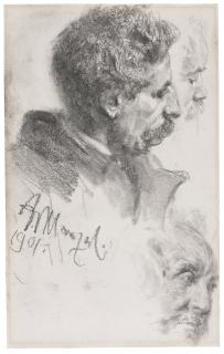 Adolph Von Menzel - Three Head Studies Of A Mustachioed Gentleman In Profile