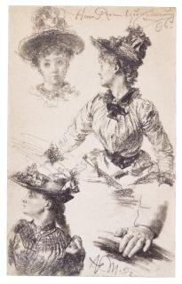 Adolph Von Menzel - Three Studies Of An Elegant Woman And A Left Hand