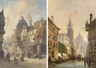 Adolphe Antoine Perrot - A Venetian Canal With River Traffic, A Capriccio; And A Continental Street Scene