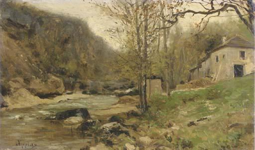 Adolphe Appian - Ferme au bord d\'un torrent dans le Jura: By a river in a hilly landscape