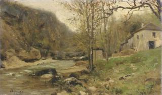 Adolphe Appian - Ferme au bord d\'un torrent dans le Jura: By a river in a hilly landscape