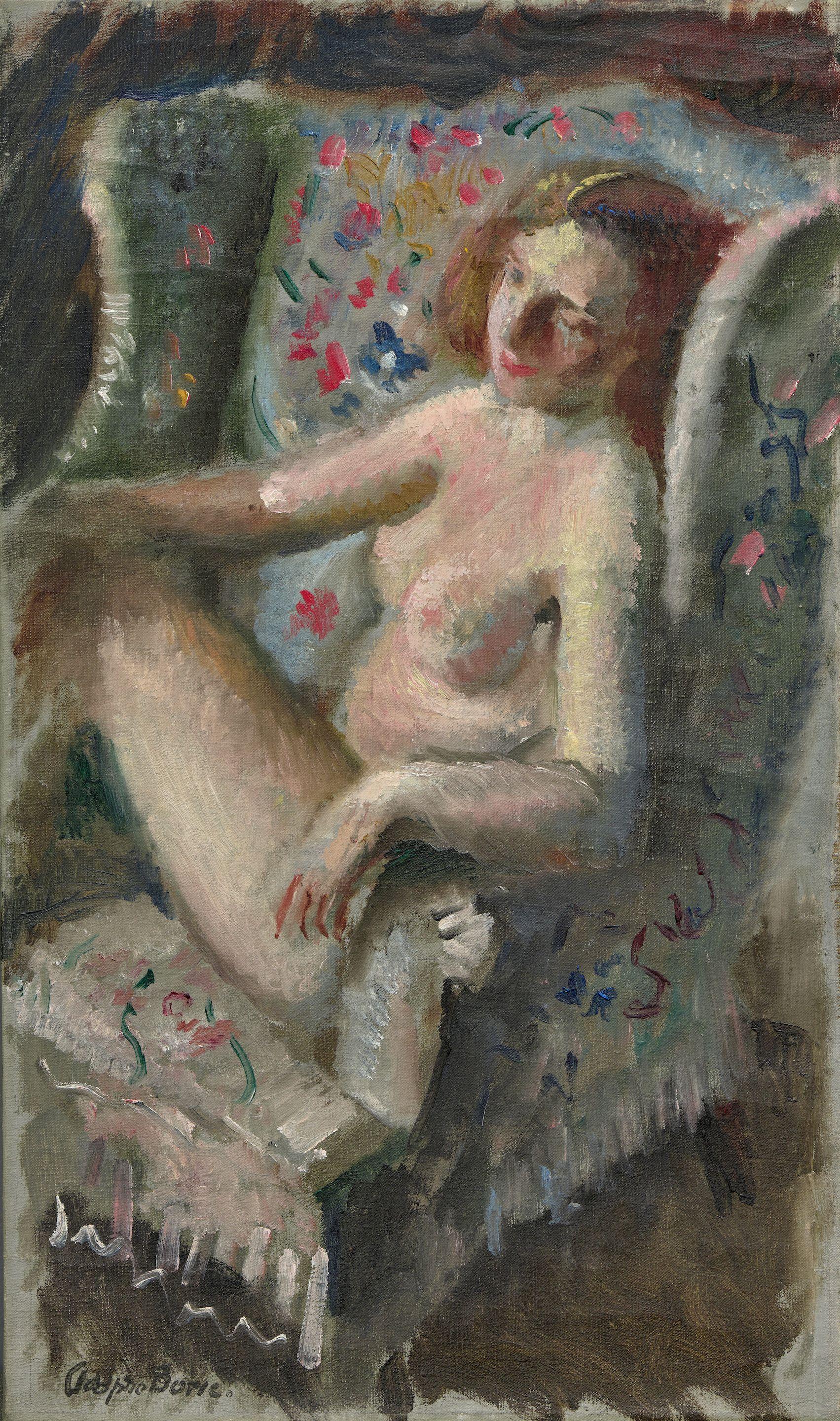Adolphe Borie - Nude Seated in a Wing Chair 20 1/8 x 12 in. (51.1 x 30.5 cm.)