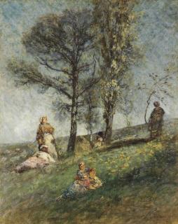 Adolphe Joseph Thomas Monticelli - A young family under trees on a hill