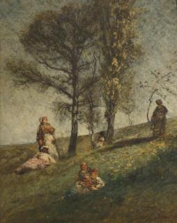 Adolphe Joseph Thomas Monticelli - A young family under trees on a hill
