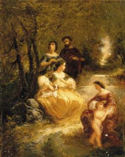 Adolphe Joseph Thomas Monticelli - Figures by a stream in a woodland glen