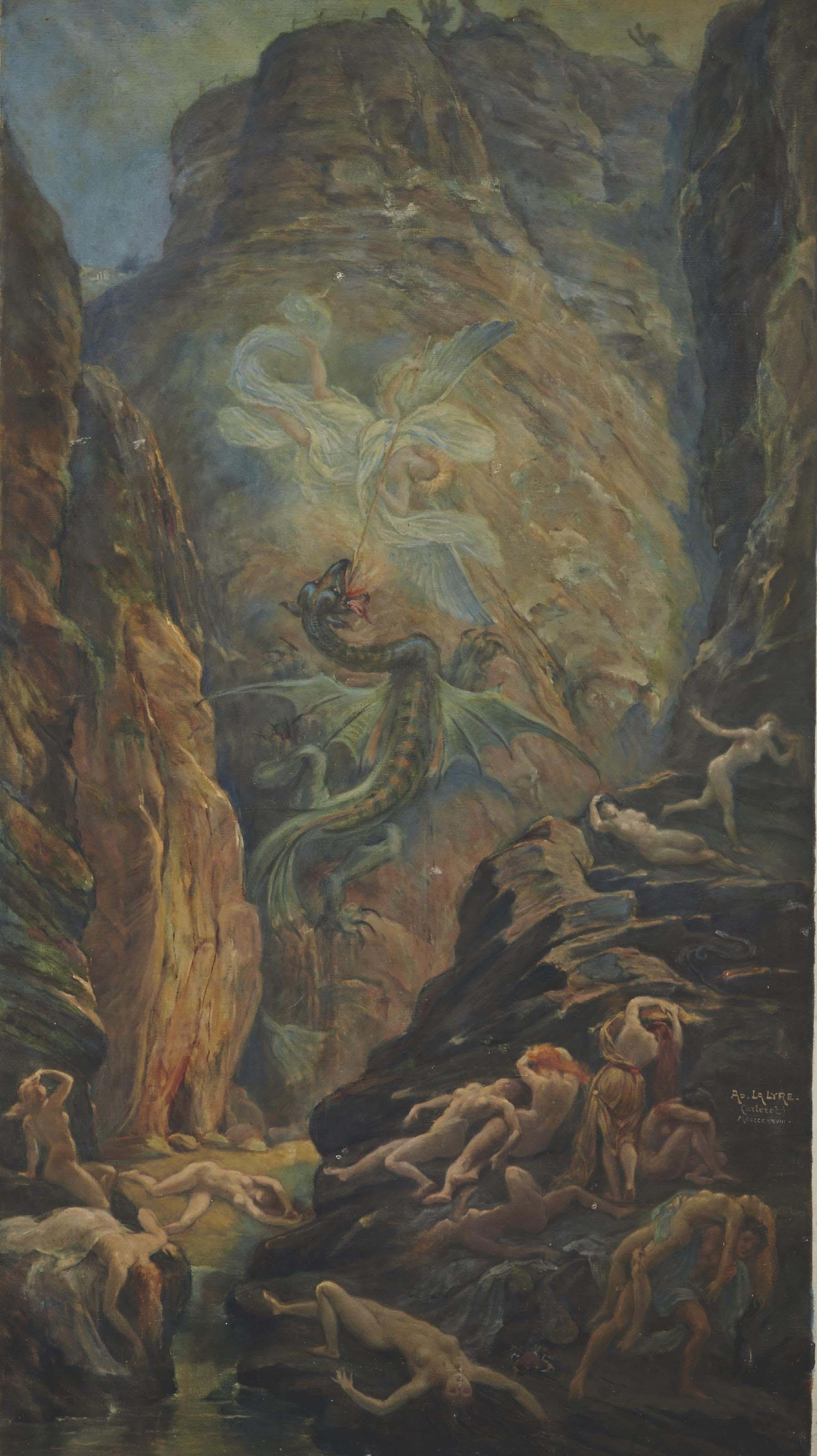 Adolphe La Lyre - Saint Michel Combattant Le Dragon Dans Un Paysage Rocheux