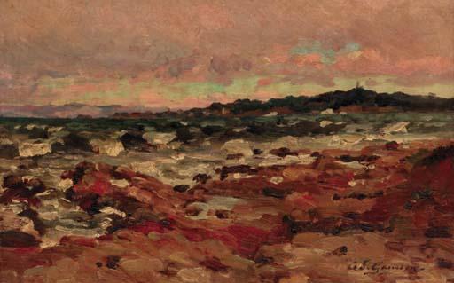 Adolphe-Louis Gaussen - A coastline at sunset