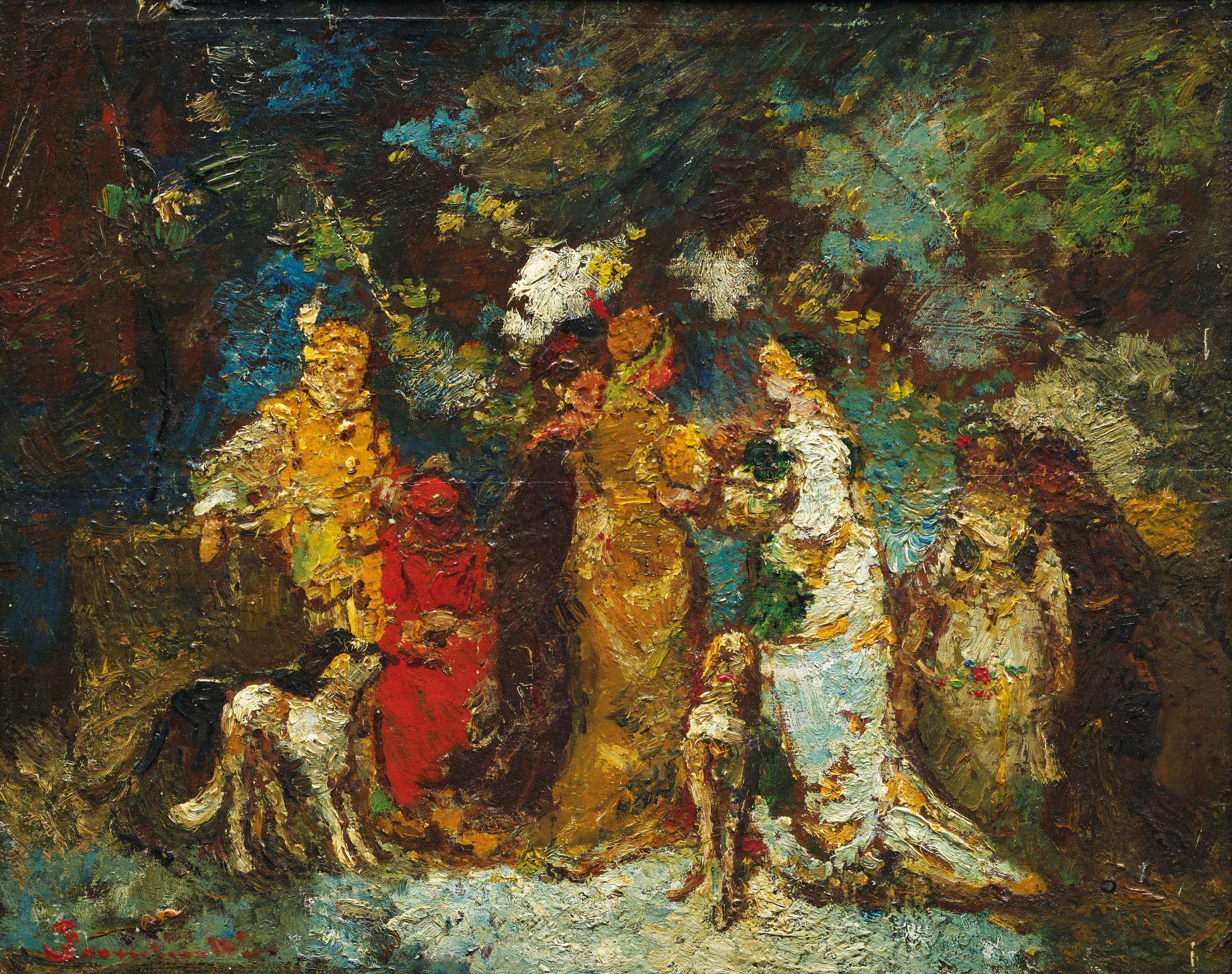 Adolphe Monticelli - Élégantes et chiens dans un parc
