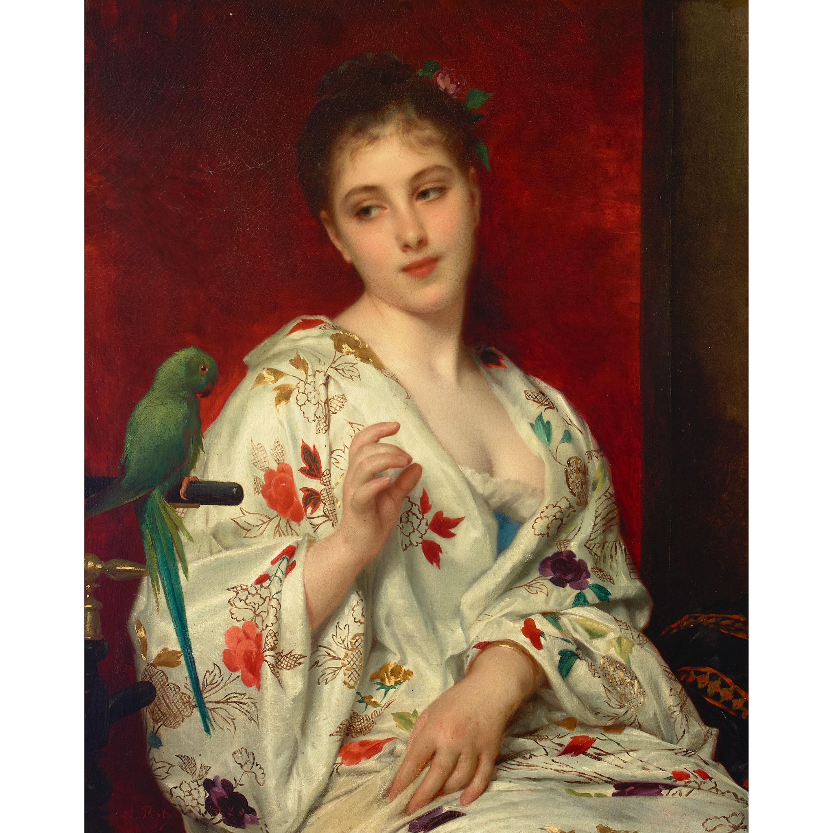 Adolphe Piot - A portrait of a young woman in a floral robe with a parakeet
