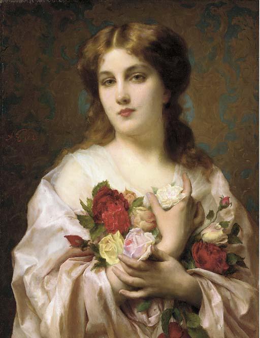 Adolphe Piot - Portrait of a girl, half-length, in a pink dress, holding some roses