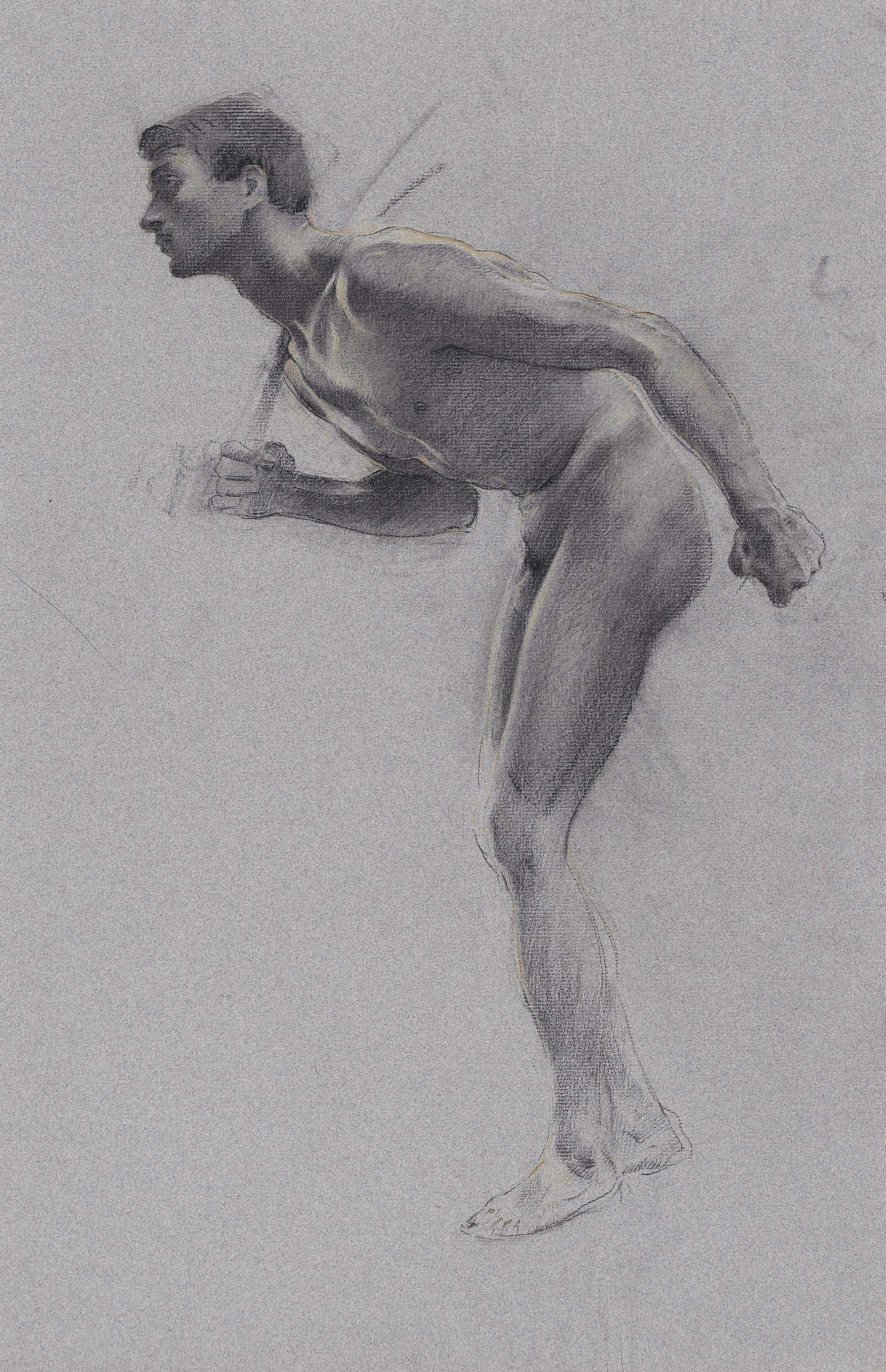 Adolphe Rudolph Hiremy-Hirschl - A male nude, bending forward, resting a rod on his shoulder (recto); The same figure, studied again (verso); and A male nude shouting (recto); A male nude leaning to the side (verso)