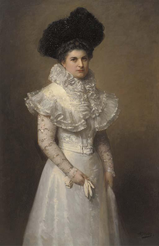 Adolphe Weisz - Portrait of A Lady, Three-Quarter-Length, In A White Dress And Black Hat