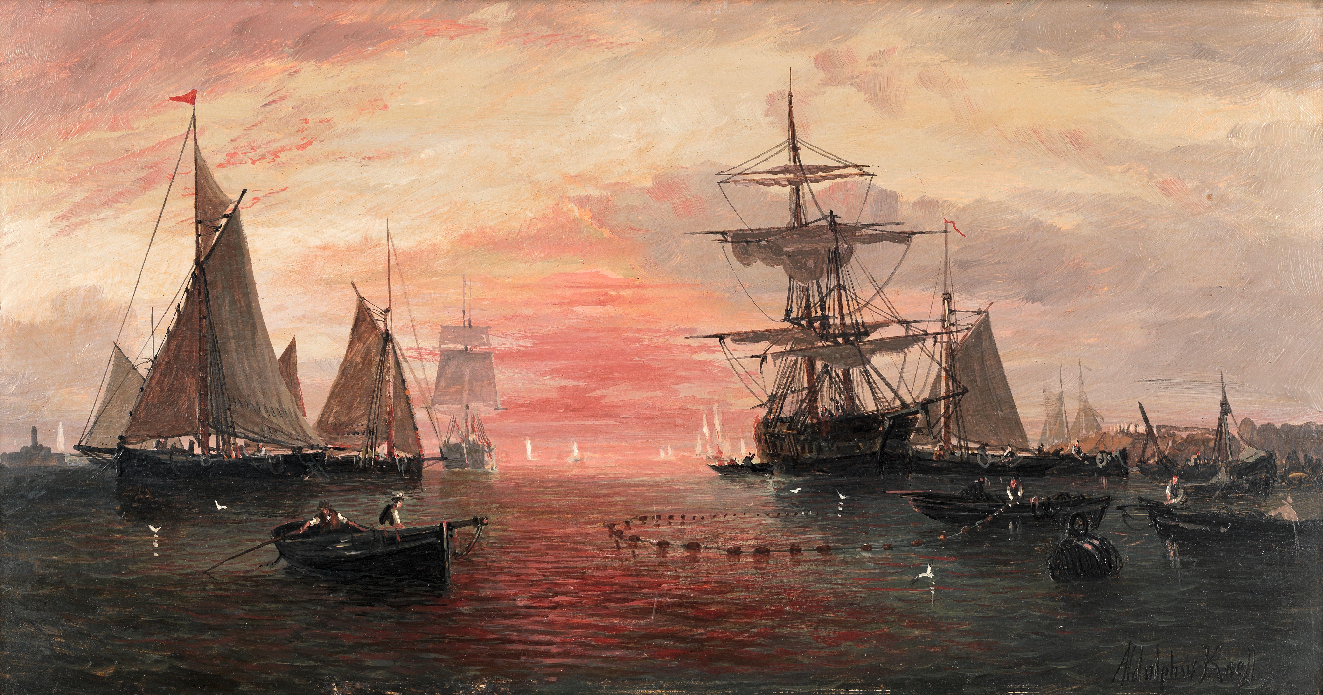 Adolphus Knell - A busy shipping scene at sunrise