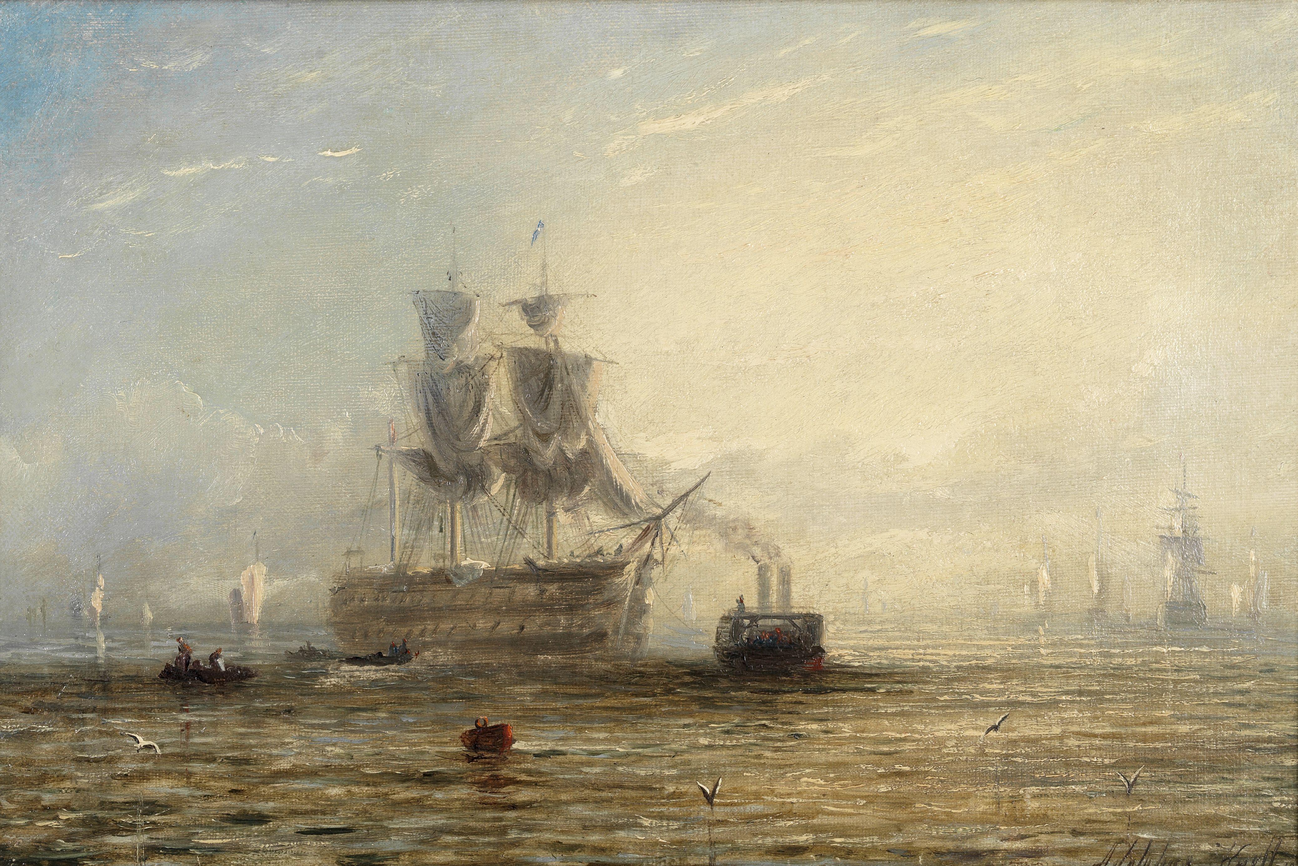 Adolphus Knell - A masted ship with furled sales, a tug and other shipping in calm waters