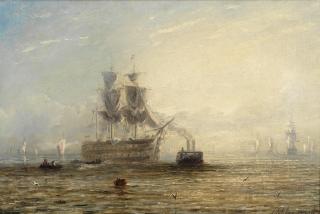 Adolphus Knell - A masted ship with furled sales, a tug and other shipping in calm waters