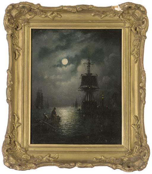 Adolphus Knell - Bringing in the nets in a moonlit harbour