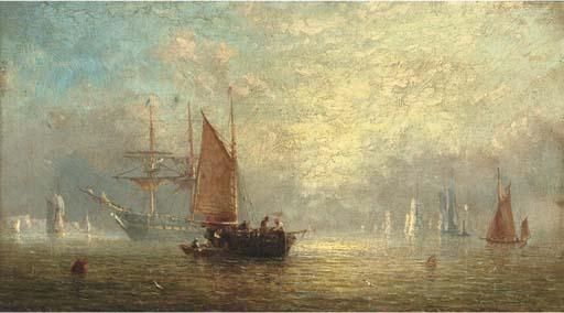 Adolphus Knell - Fishermen Unloading At Dusk, With A Frigate At Anchor Beyond