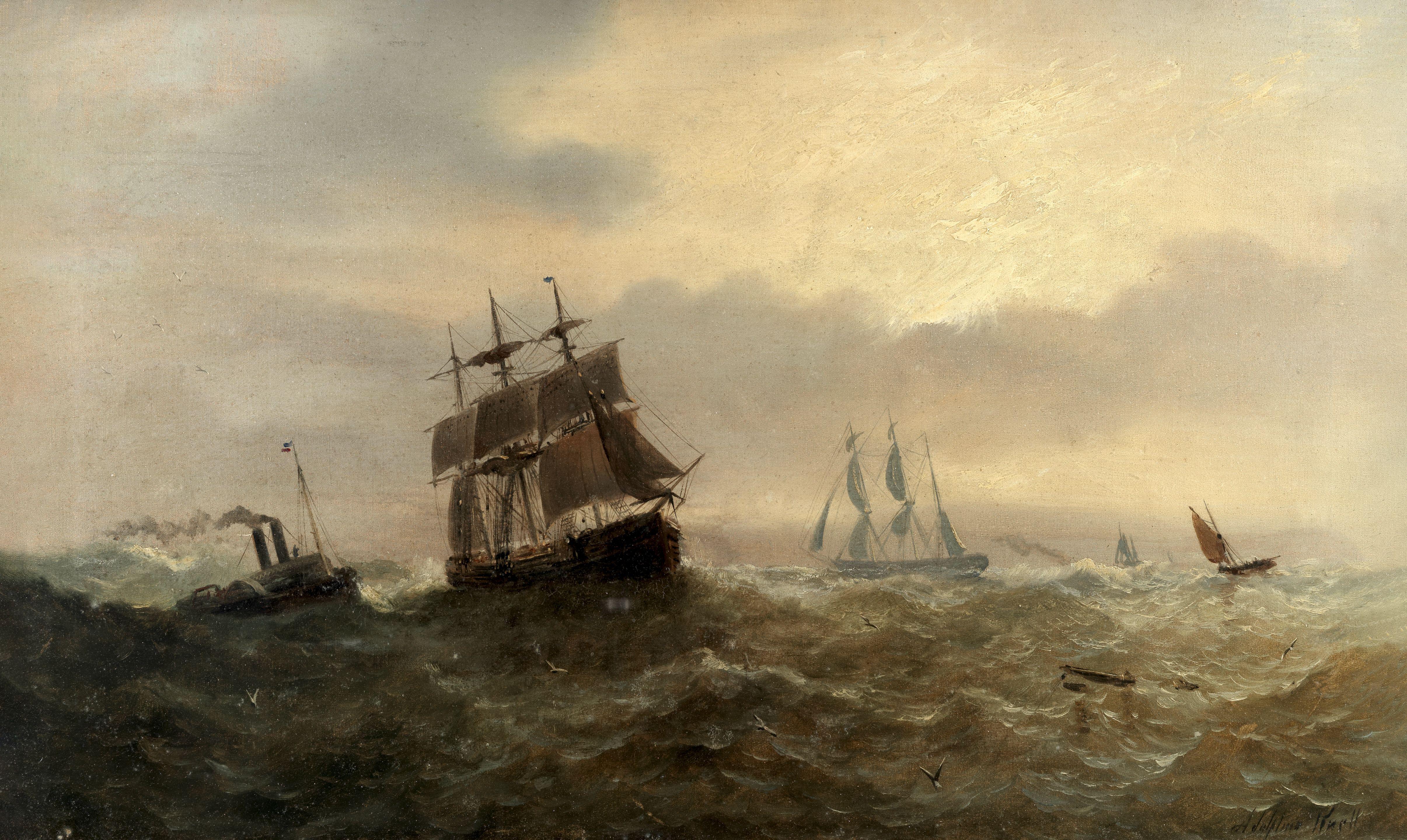 Adolphus Knell - Sailing ships and a steamer in choppy waters
