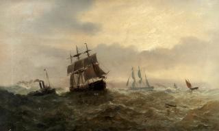 Adolphus Knell - Sailing ships and a steamer in choppy waters