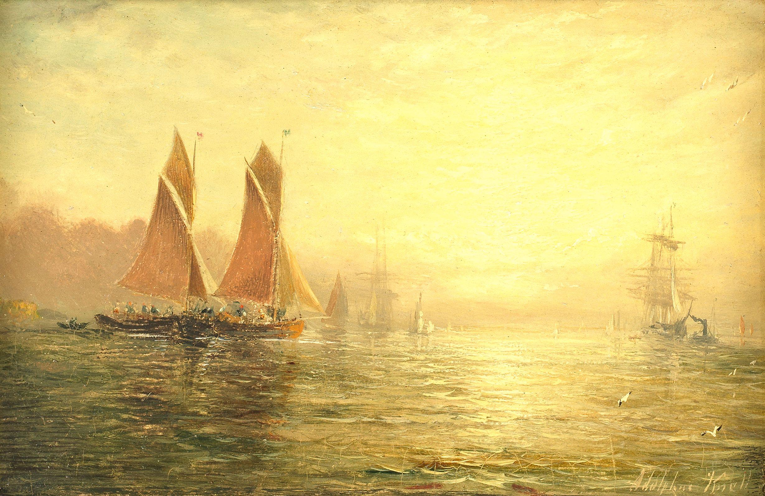 Adolphus Knell - Shipping at dawn; Shipping at dusk, a pair each 15.3 x 22.9cm (6 x 9in). (2)