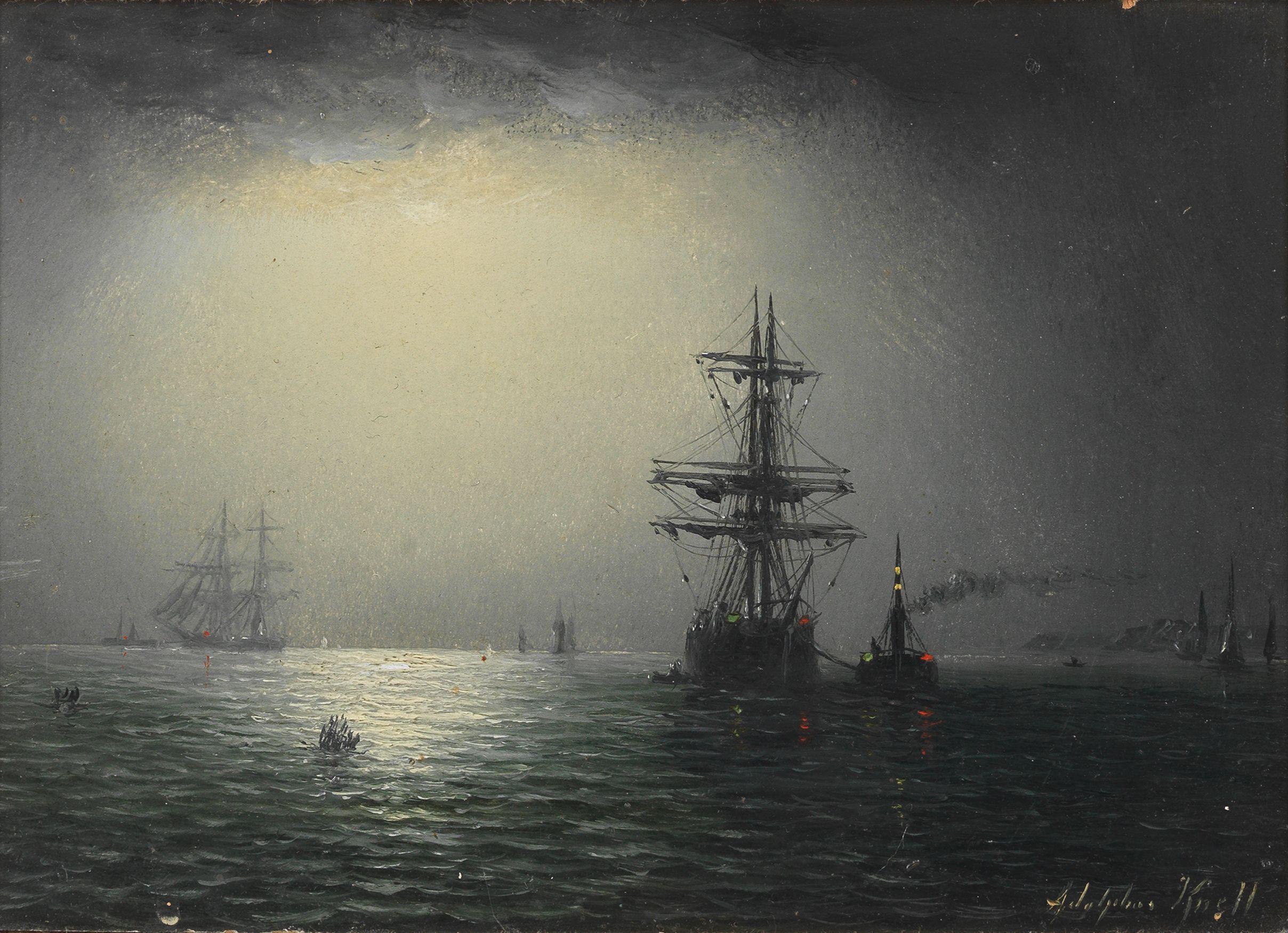 Adolphus Knell - Shipping at moonlight; Early morning shipping, a pair