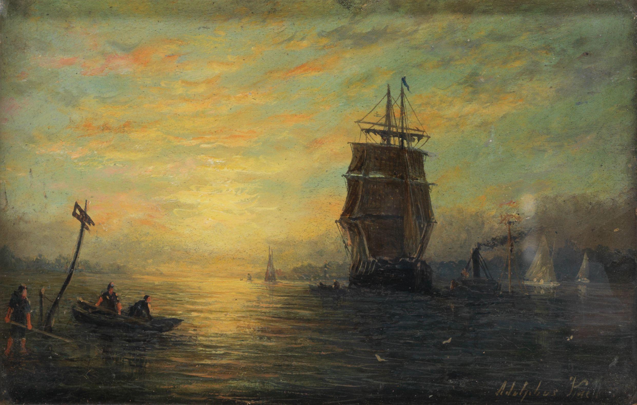 Adolphus Knell - Shipping at sunset; Fishing boats at anchor under moonlight, a pair each 15.2 x 23.2cm (6 x 9 1/8in). (2)