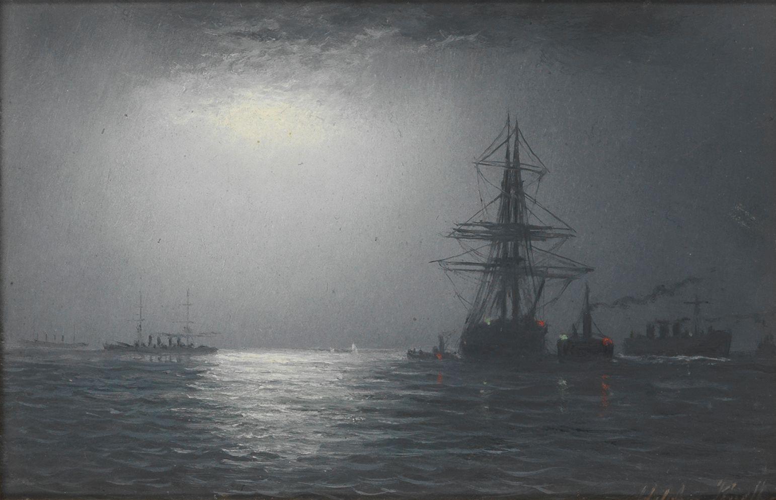 Adolphus Knell - Ships at anchor in moonlight; Ships at anchor at sunset, a pair