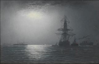 Adolphus Knell - Ships at anchor in moonlight; Ships at anchor at sunset, a pair