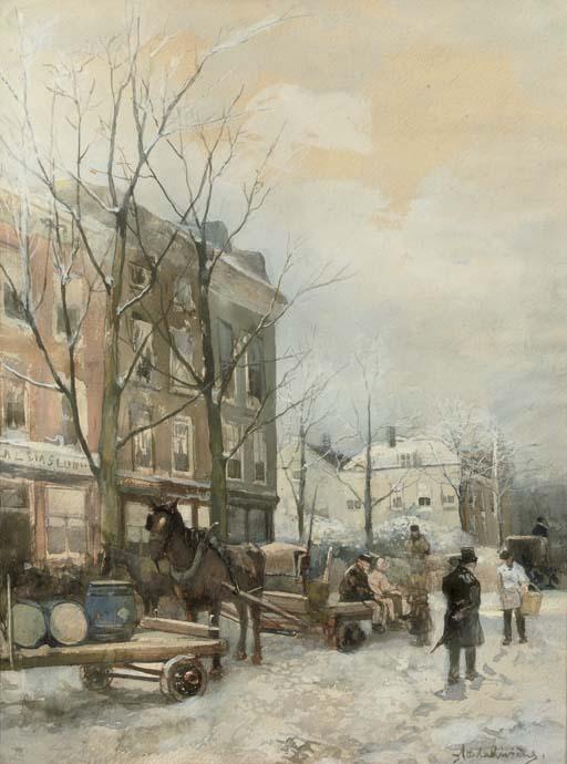 Adriaan de la Rivière - Winter te Rotterdam: a busy snow covered street