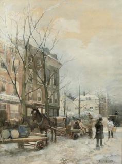 Adriaan de la Rivière - Winter te Rotterdam: a busy snow covered street