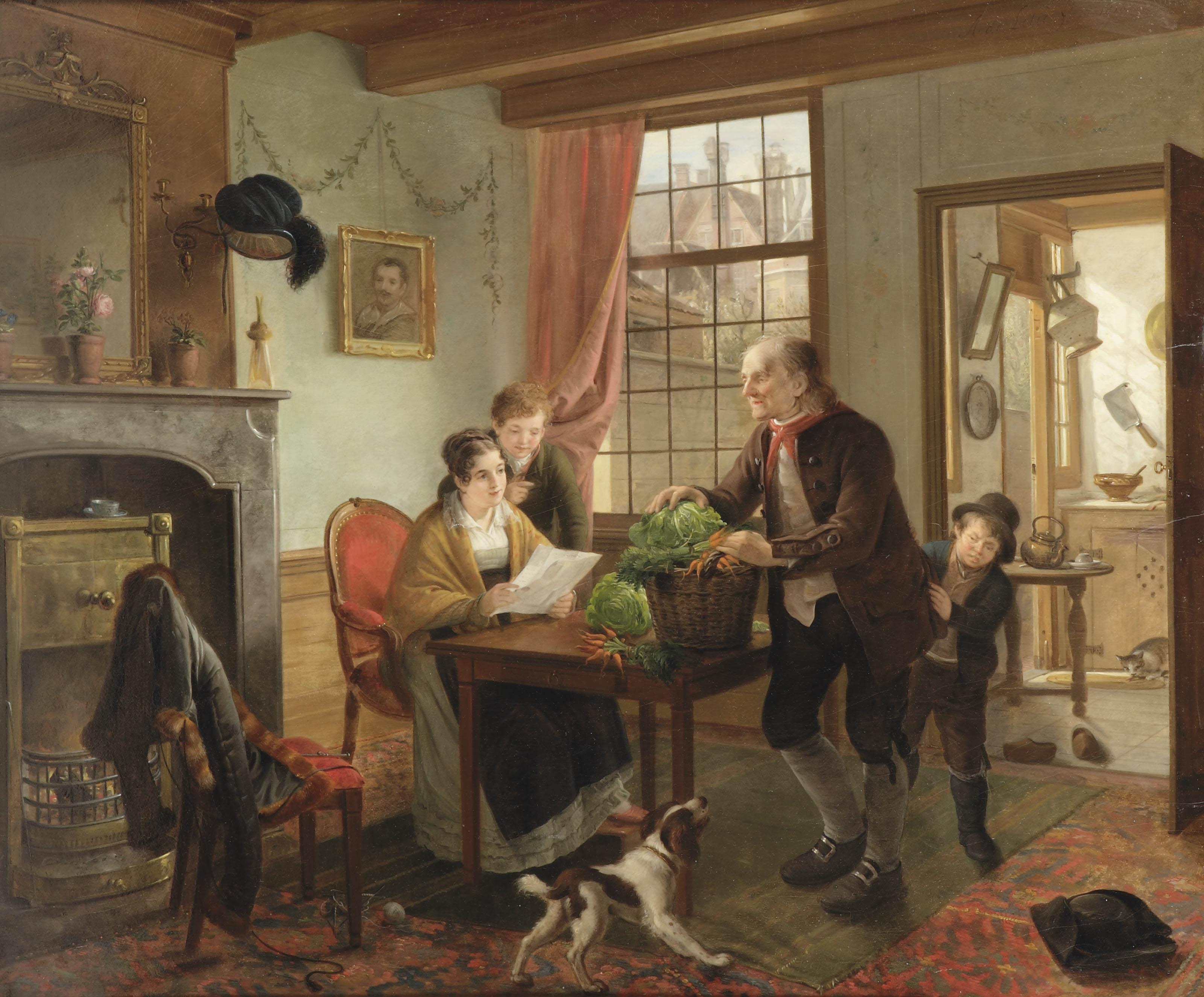 Adriaan de Lelie - A family in an interior with a dog and cat