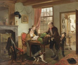 Adriaan de Lelie - A family in an interior with a dog and cat