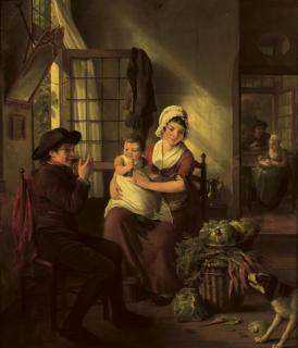 Adriaan de Lelie - A family in an interior with a dog nearby