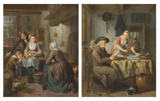 Adriaan De Lelie - An old woman frying pancakes in a kitchen, with a maid and two children; An old man reading in an interior, with a maid ironing at a table
