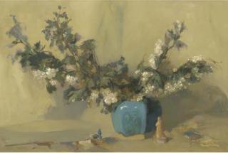 Adriaan J. van \'T Hoff - A still life with white blossom in a blue jar and a statuette