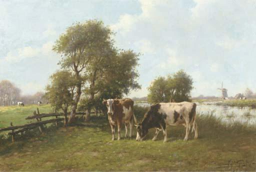 Adriaan Marinus Geyp - Cattle grazing by a river in summer