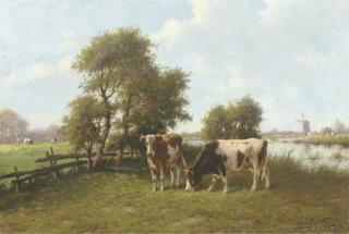 Adriaan Marinus Geyp - Cattle grazing by a river in summer