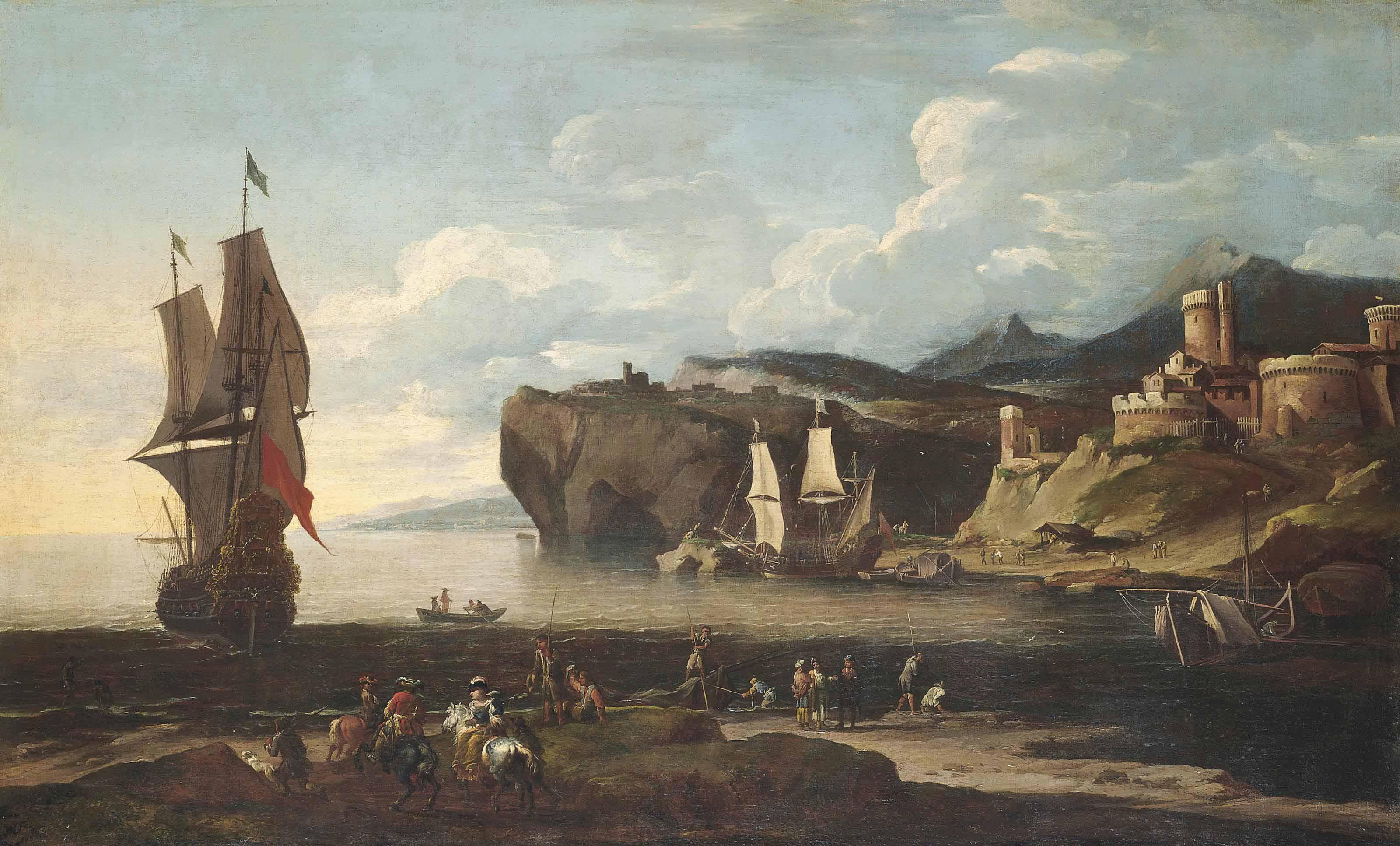 Adriaan Van Der Cabel - A coastal landscape with a man-o\'-war and other vessels on the water, elegant figures on horseback on the shore, a fortress beyond