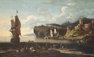 Adriaan Van Der Cabel - A coastal landscape with a man-o\'-war and other vessels on the water, elegant figures on horseback on the shore, a fortress beyond