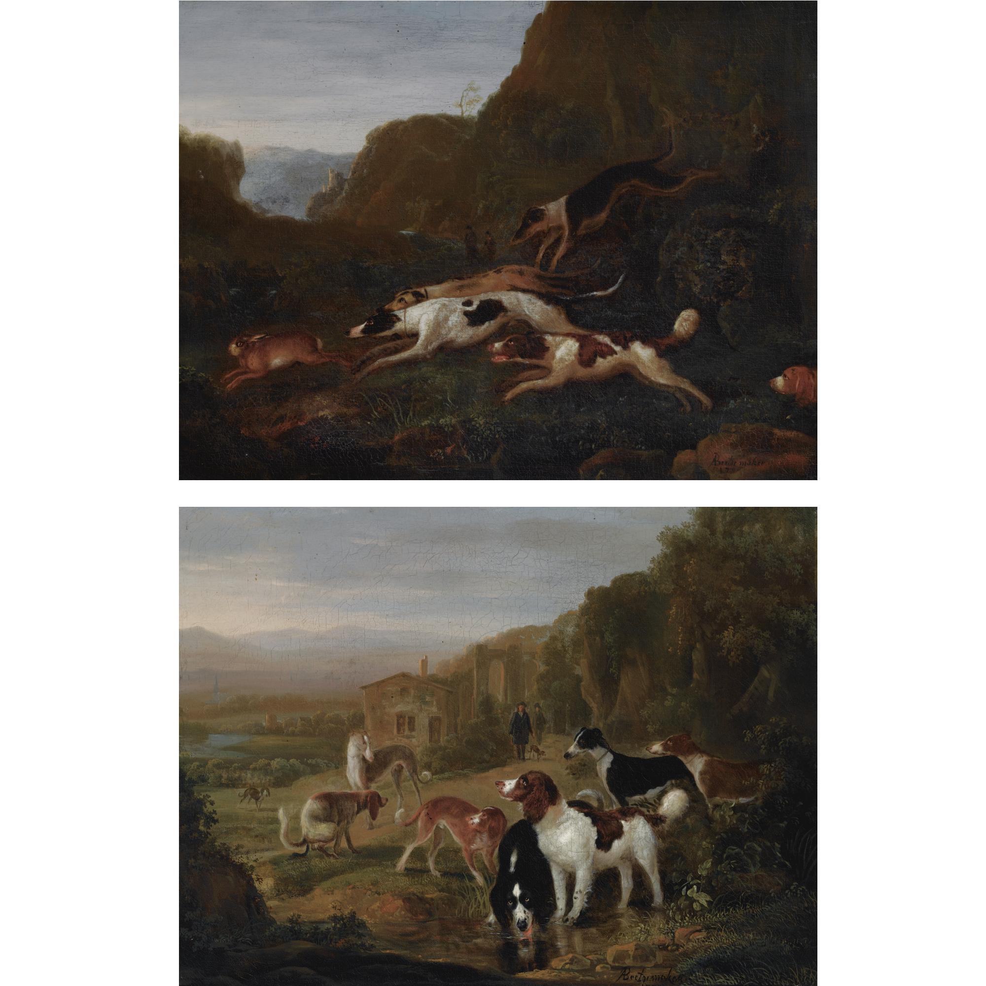 Adriaen Beeldemaker - A Mountainous Landscape With Hounds Assaulting A Hare; A Hilly Landscape With Hounds Resting Near A Stream